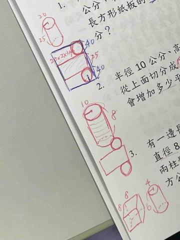 尤紹函 - 利用畫圖方式，以簡單的說法解釋題目意思給小朋友聽，以及將立體圓柱繪製平面樣子，方便小朋友想像！