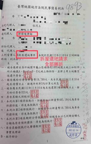 郭瑋峻律師 - 拆屋還地、不當得利請求 勝訴