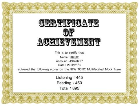 魏廷威 - 多益測驗成績