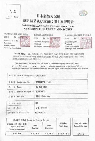 余宛蓁 - 日文N2檢定