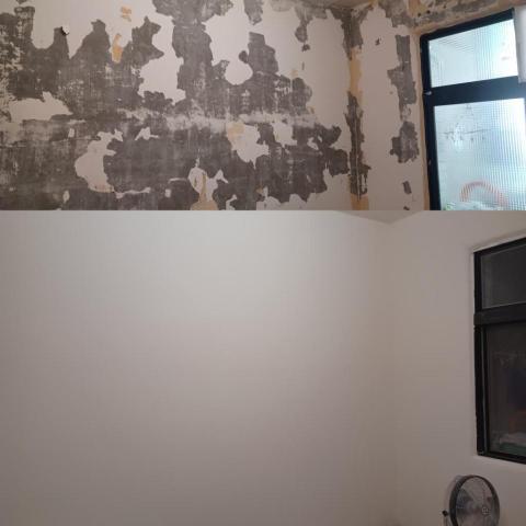 工程行 - (上)壁紙殘膠+舊牆面油漆嚴重剝落,除膠後大面積批土+油漆(下) 工程行 - (上)壁紙殘膠+舊牆面油漆嚴重剝落,除膠後大面積批土+油漆(下)