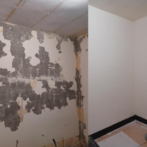 工程行 - (左)壁紙殘膠+舊牆面油漆嚴重剝落,除膠後大面積批土+粉刷(右) 工程行 - (左)壁紙殘膠+舊牆面油漆嚴重剝落,除膠後大面積批土+粉刷(右)