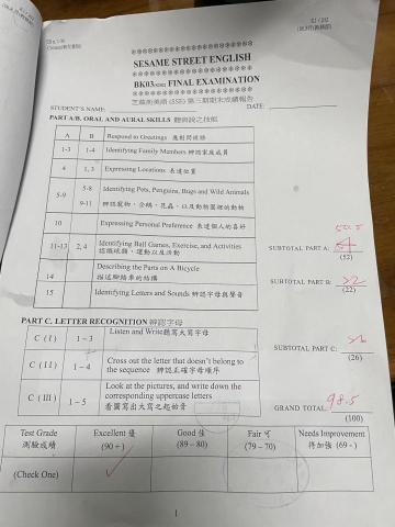 王妍予 - 補習班期末成績表現