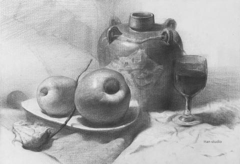 Han studio  邱柏翰 - 課堂示範，與前一週靜物組做比較，中明度靜物組合