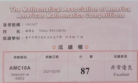 楊幃丞 - AMC比賽成績