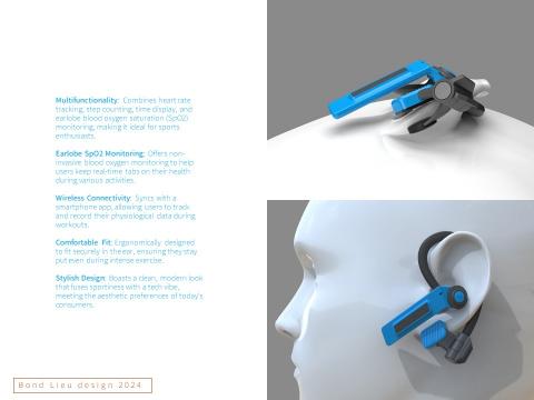 引意創合設計 - Multifunctionality: Combines heart rate tracking, step counting, time display, and earlobe blood oxygen saturation (SpO2) monitoring, making it ideal for sports .....

Earlobe SpO2 Monitoring: 