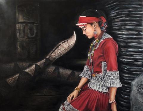 Rangi 洛金 - 油畫作品
名稱：《百步蛇之戀》
媒材：油畫&middot;畫布
年代：2020
尺寸：116.5  &times;  91.0 cm

本創作主題靈感取自老人家講述的人蛇戀傳說，這個故事一直是我最喜愛的部落神話之一，這些神話故事由長輩耆老們口耳相傳，在祭典儀式中以唱古調的方式得以延續傳承。