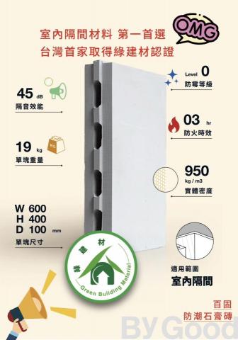 百固防潮石膏磚&ALC白磚 - 大家好，讓若谷工商一下
目前若谷石膏磚隔間廠商～
首家石膏磚綠建材認證來啦
很多規範很多試驗很多時間成本
百固防潮石膏磚做到了
經過我們公司多次努力
首家唯一正式取得綠建材認證
防潮防壁癌
防火時效三小時
隔音性能47DB
輕量化(70% off)
吊掛力佳30-300KG