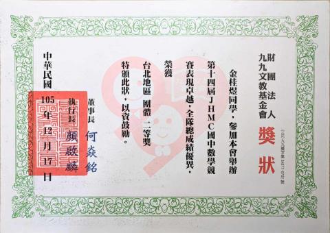 金桂煜 - 第14屆JHMC國中數學競賽 團體二等獎