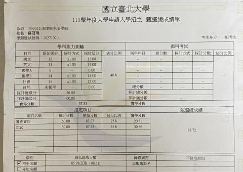 蘇冠瑋 - 大學面試成績