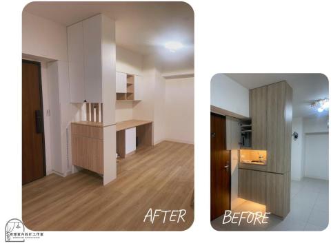 綺璟室內設計工作室 - 拆除舊玄關櫃
新玄關櫃有收納外套及包包的空間，
左側櫃做中間格柵設計上方置物，下方鞋櫃。