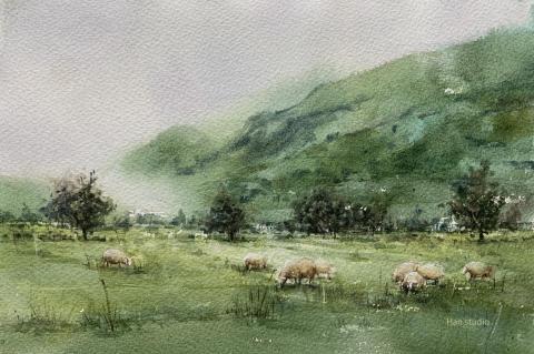 Han studio  邱柏翰 - 牛羊風景水彩習作，與上一張做比較，不同色塊佈局與排列