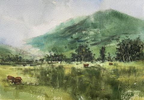 Han studio  邱柏翰 - 牛羊風景水彩習作， 不同綠應用與顏料水份濃度之間變化