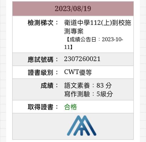 林宏璋 - 全民中檢優級通過證明