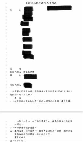 謝懷寬律師 - 成功替多名遭惡意資遣的員工,向原公司索討積欠工資及資遣費近新台幣百萬元。
後續輔導當事人向勞保局申請墊償以及補助。 謝懷寬律師 - 成功替多名遭惡意資遣的員工,向原公司索討積欠工資及資遣費近新台幣百萬元。
後續輔導當事人向勞保局申請墊償以及補助。