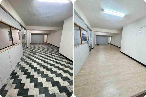 潢億地板 - 板橋店面老房子案場-多處坑洞、地面不平整、亂七八糟斜坡
施作 地面微整平、和室架高、塑膠地板鋪設。完美完工?