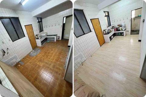 潢億地板 -  板橋店面老房子案場-多處坑洞、地面不平整、亂七八糟斜坡
施作 地面微整平、和室架高、塑膠地板鋪設。完美完工?