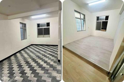 潢億地板 -  板橋店面老房子案場-多處坑洞、地面不平整、亂七八糟斜坡
施作 地面微整平、和室架高、塑膠地板鋪設。完美完工?