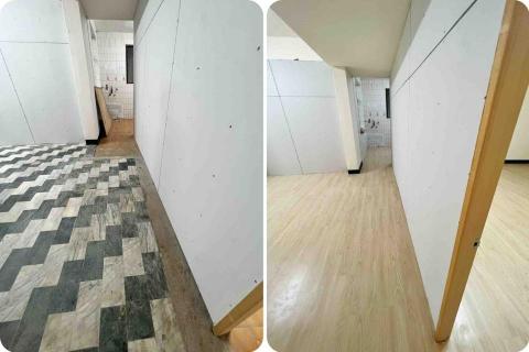 潢億地板 - 板橋店面老房子案場-多處坑洞、地面不平整、亂七八糟斜坡
施作 地面微整平、和室架高、塑膠地板鋪設。完美完工