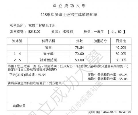 張幃翔 - 成大電機研究所丁組 總考生637共錄取30 本生正取第28名