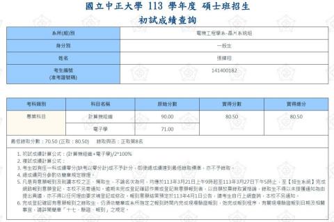張幃翔 - 中正電機研究所丁組(晶片系統組)，考生共519人 錄取8人 本生正取第8名