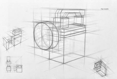 Han studio  邱柏翰 - 方形結構素描，了解比例之後可以自由轉動角度