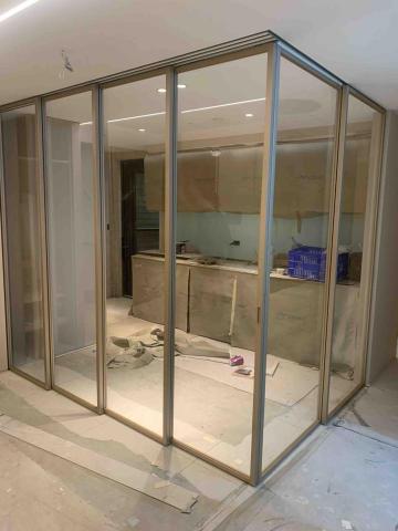 細鋁框玻璃門代工安裝 玻璃安裝 小錡 -  細鋁框玻璃拉門 連動隔間吊門