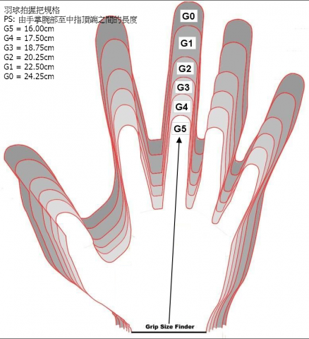 Leo HUANG - 羽球拍握把規格
PS: 由手掌腕部至中指頂端之間的長度
G5 = 16.00cm
G4 = 17.50cm
G3 = 18.75cm
G2 = 20.25cm
G1 = 22.50cm
G0 = 24.25cm
G1 = 22.50cm
G0 = 24.25cm