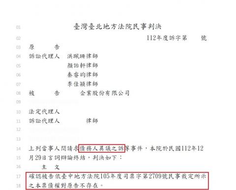 顏詒軒律師 - 債務人異議之訴取得勝訴判決