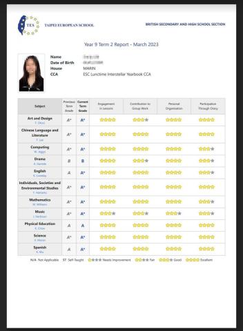 黃奕綾 - 台北歐洲學校 Term Report card/ year 9