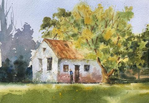 Han studio  邱柏翰 - 小屋風景水彩課堂示範，每張調整彩度，讓學生在操作時練習亮麗顏色