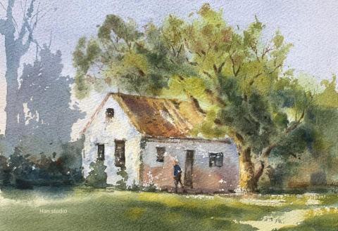 Han studio  邱柏翰 - 小屋風景水彩課堂2，這張在樹葉暈染多一些