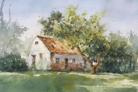 Han studio  邱柏翰 - 小屋風景水彩課堂3，樹葉用比較偏重疊方式處理