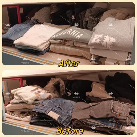 整理師小V - 狹小的閣樓衣櫥空間-摺疊擺放區（因沒有多的收納品，所以直接疊放，將相同類型的衣物放在同一疊，圖案朝外方便挑選，後方較硬挺且少用的外套採直立式收納，避免被前方的衣物擋住）