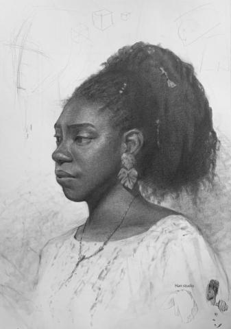 Han studio  邱柏翰 - 深膚色模特寫生，畫的過程需注意大明暗之間關係