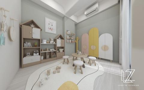 櫳澤室內空間設計 - 【 雲林 ‧ 雲品苑 】
遊戲室-
空間中，厚重樑體利用弧型圓角，搭配淺米色降低厚重感。背牆顏色映襯訂製的造型傢俱，增添空間的活潑感。賦予遊戲室親子閱讀與遊戲的舒適環境。讓喜愛活動的小孩，在家也能有可玩耍可閱讀，動、靜態皆宜的成長空間。