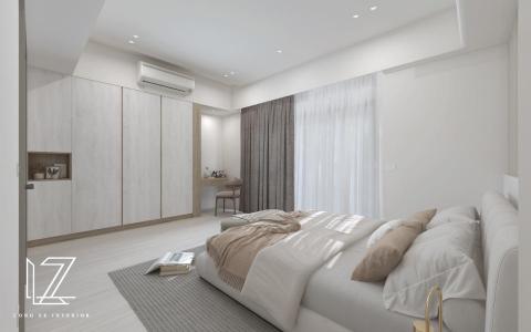 櫳澤室內空間設計 - 【 雲林 ‧ 雲品苑 】
主臥房-
一日辛苦的工作後，緊繃的情緒與壓力需要放鬆。讓主臥成為全然放鬆的紓壓空間必不可少。主牆用色上，以柔和且溫暖的奶茶色線條造型背牆為基底，堆疊淺灰木紋的床背板，簡約並有層次。大面寬的衣櫃與床背板使用同色系板料，空間上視覺放大，不壓迫。