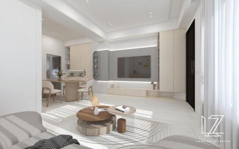 櫳澤室內空間設計 - 【 雲林 ‧ 雲品苑 】
起居室-
透天空間中樑與柱體較多，利用弧面及線條造型，降低直角銳利視覺感。唯美亮色櫃體搭配淺米色映襯溫暖的日光。電視主牆以深灰色與淺灰色相互堆疊乎應，柔順彎弧造型突現主牆大器俐落，易於降低柱體存在感。

