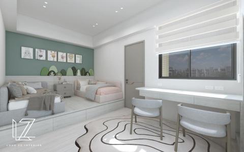 櫳澤室內空間設計 - 【 雲林 ‧ 雲品苑 】
小孩房-
屋主考量小孩年紀，暫時規劃二樓次臥空間，爾後再利用三樓規劃兩位小孩各自獨立的臥房。在空間中運用大自然色系與動物飾品，以及淺色木紋搭配跳色，整體增添生動、豐富感。另外提供閱讀空間與收納機能，讓小孩房空間能充分被利用。