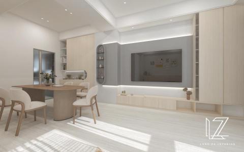 櫳澤室內空間設計 - 【 雲林 ‧ 雲品苑 】
起居室-
透天空間中樑與柱體較多，利用弧面及線條造型，降低直角銳利視覺感。唯美亮色櫃體搭配淺米色映襯溫暖的日光。電視主牆以深灰色與淺灰色相互堆疊乎應，柔順彎弧造型突現主牆大器俐落，易於降低柱體存在感。