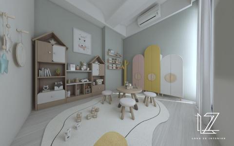 櫳澤室內空間設計 - 【 雲林 ‧ 雲品苑 】
遊戲室-
空間中，厚重樑體利用弧型圓角，搭配淺米色降低厚重感。背牆顏色映襯訂製的造型傢俱，增添空間的活潑感。賦予遊戲室親子閱讀與遊戲的舒適環境。讓喜愛活動的小孩，在家也能有可玩耍可閱讀，動、靜態皆宜的成長空間。