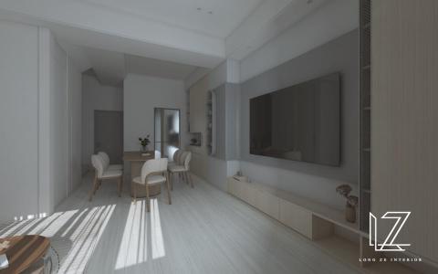 櫳澤室內空間設計 - 【 雲林 ‧ 雲品苑 】
起居室-
透天空間中樑與柱體較多，利用弧面及線條造型，降低直角銳利視覺感。唯美亮色櫃體搭配淺米色映襯溫暖的日光。電視主牆以深灰色與淺灰色相互堆疊乎應，柔順彎弧造型突現主牆大器俐落，易於降低柱體存在感。