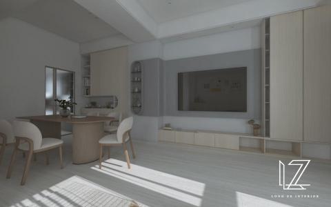 櫳澤室內空間設計 - 【 雲林 ‧ 雲品苑 】
起居室-
透天空間中樑與柱體較多，利用弧面及線條造型，降低直角銳利視覺感。唯美亮色櫃體搭配淺米色映襯溫暖的日光。電視主牆以深灰色與淺灰色相互堆疊乎應，柔順彎弧造型突現主牆大器俐落，易於降低柱體存在感。