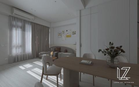 櫳澤室內空間設計 - 【 雲林 ‧ 雲品苑 】
起居室-
餐廳-
在烹飪與用餐環境分別區劃，有效降低烹飪油煙氣味影響用餐環境。餐桌造型選擇與一旁餐邊櫃開放造型亦同，相對後方公共浴廁門顯得格外突兀，延續相同造型概念劃分隔間牆體與橫推門，隱蔽後空間感更加優雅協調。