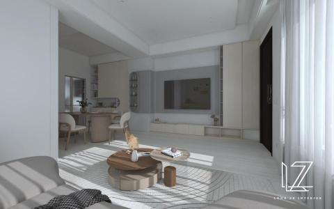 櫳澤室內空間設計 - 【 雲林 ‧ 雲品苑 】
起居室-
透天空間中樑與柱體較多，利用弧面及線條造型，降低直角銳利視覺感。唯美亮色櫃體搭配淺米色映襯溫暖的日光。電視主牆以深灰色與淺灰色相互堆疊乎應，柔順彎弧造型突現主牆大器俐落，易於降低柱體存在感。

