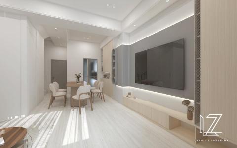 櫳澤室內空間設計 - 【 雲林 ‧ 雲品苑 】
起居室-
透天空間中樑與柱體較多，利用弧面及線條造型，降低直角銳利視覺感。唯美亮色櫃體搭配淺米色映襯溫暖的日光。電視主牆以深灰色與淺灰色相互堆疊乎應，柔順彎弧造型突現主牆大器俐落，易於降低柱體存在感。