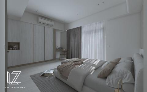 櫳澤室內空間設計 - 【 雲林 ‧ 雲品苑 】
主臥房-
一日辛苦的工作後，緊繃的情緒與壓力需要放鬆。讓主臥成為全然放鬆的紓壓空間必不可少。主牆用色上，以柔和且溫暖的奶茶色線條造型背牆為基底，堆疊淺灰木紋的床背板，簡約並有層次。大面寬的衣櫃與床背板使用同色系板料，空間上視覺放大，不壓迫。