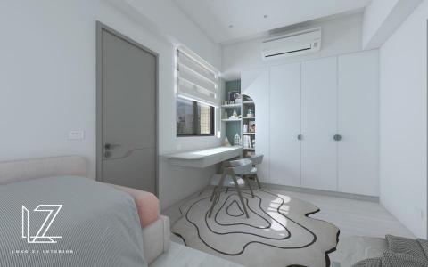 櫳澤室內空間設計 - 【 雲林 ‧ 雲品苑 】
小孩房-
屋主考量小孩年紀，暫時規劃二樓次臥空間，爾後再利用三樓規劃兩位小孩各自獨立的臥房。在空間中運用大自然色系與動物飾品，以及淺色木紋搭配跳色，整體增添生動、豐富感。另外提供閱讀空間與收納機能，讓小孩房空間能充分被利用。