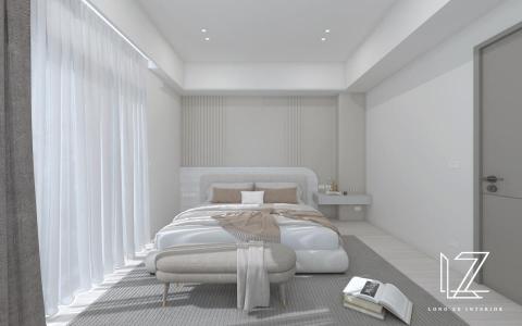 櫳澤室內空間設計 - 【 雲林 ‧ 雲品苑 】
主臥房-
一日辛苦的工作後，緊繃的情緒與壓力需要放鬆。讓主臥成為全然放鬆的紓壓空間必不可少。主牆用色上，以柔和且溫暖的奶茶色線條造型背牆為基底，堆疊淺灰木紋的床背板，簡約並有層次。大面寬的衣櫃與床背板使用同色系板料，空間上視覺放大，不壓迫。