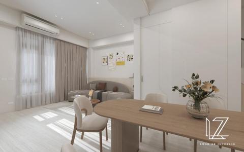 櫳澤室內空間設計 - 【 雲林 ‧ 雲品苑 】
餐廳-
在烹飪與用餐環境分別區劃，有效降低烹飪油煙氣味影響用餐環境。餐桌造型選擇與一旁餐邊櫃開放造型亦同，相對後方公共浴廁門顯得格外突兀，延續相同造型概念劃分隔間牆體與橫推門，隱蔽後空間感更加優雅協調。